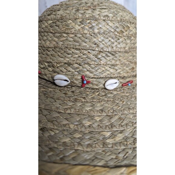 SCALA Womens Wide Brim Straw Sun Hat Beaded Shells One Size Boho Beach - Picture 3 of 10